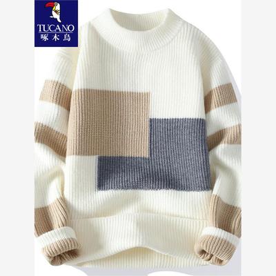 啄木鸟加绒毛衣男秋冬季针织打底衫青少年男生内搭加厚保暖毛线衣