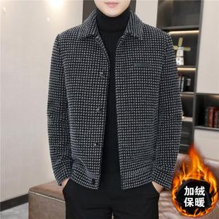 啄木鸟秋冬新款毛呢大衣男中青年休闲翻领加绒加厚短款格子夹克