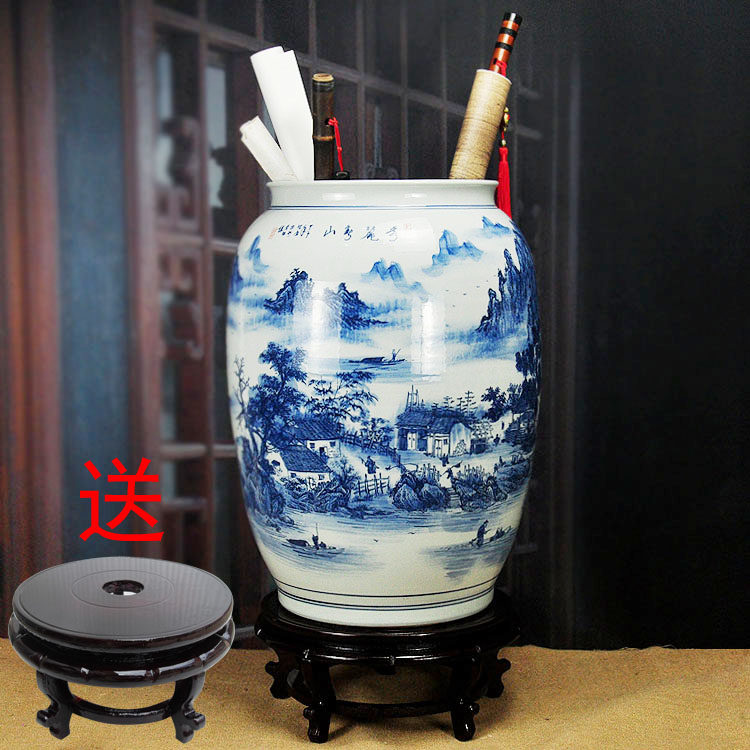 景德镇陶瓷书画桶青花瓷书画缸卷轴缸书房字画收纳落地工艺品摆件