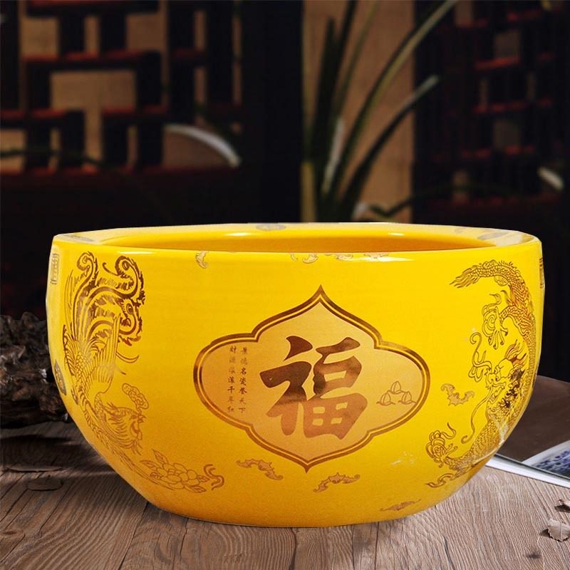 黄金色景德镇陶瓷器聚宝盆客厅金鱼缸小型桌面养鱼盆家居装饰摆件