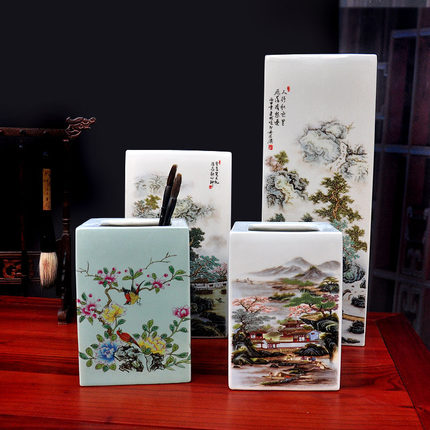新品景德镇陶瓷方形笔筒粉彩瓷器画笔毛笔收纳桶宫庭仿古书房摆件