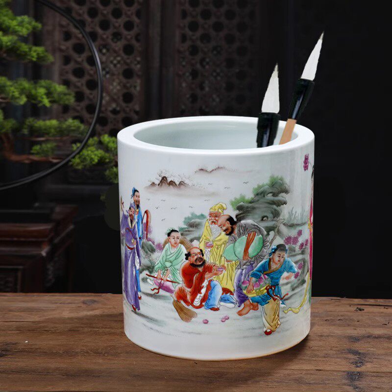 景德镇陶瓷手绘粉彩瓷器桌面小型卷轴缸书画收纳缸书房超大毛笔筒