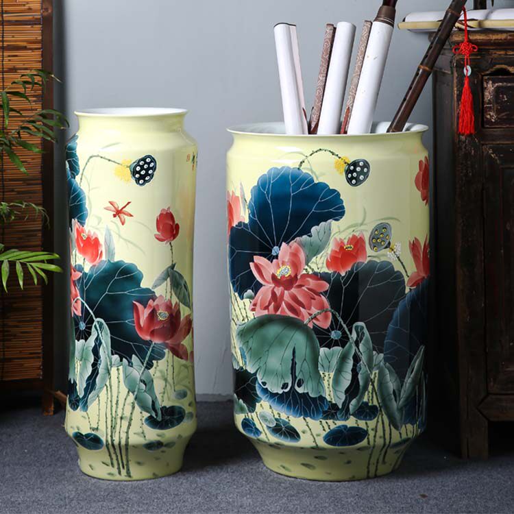 大师手绘黄色花瓶高陶瓷书画筒画缸卷轴缸字画收纳客厅落地摆件