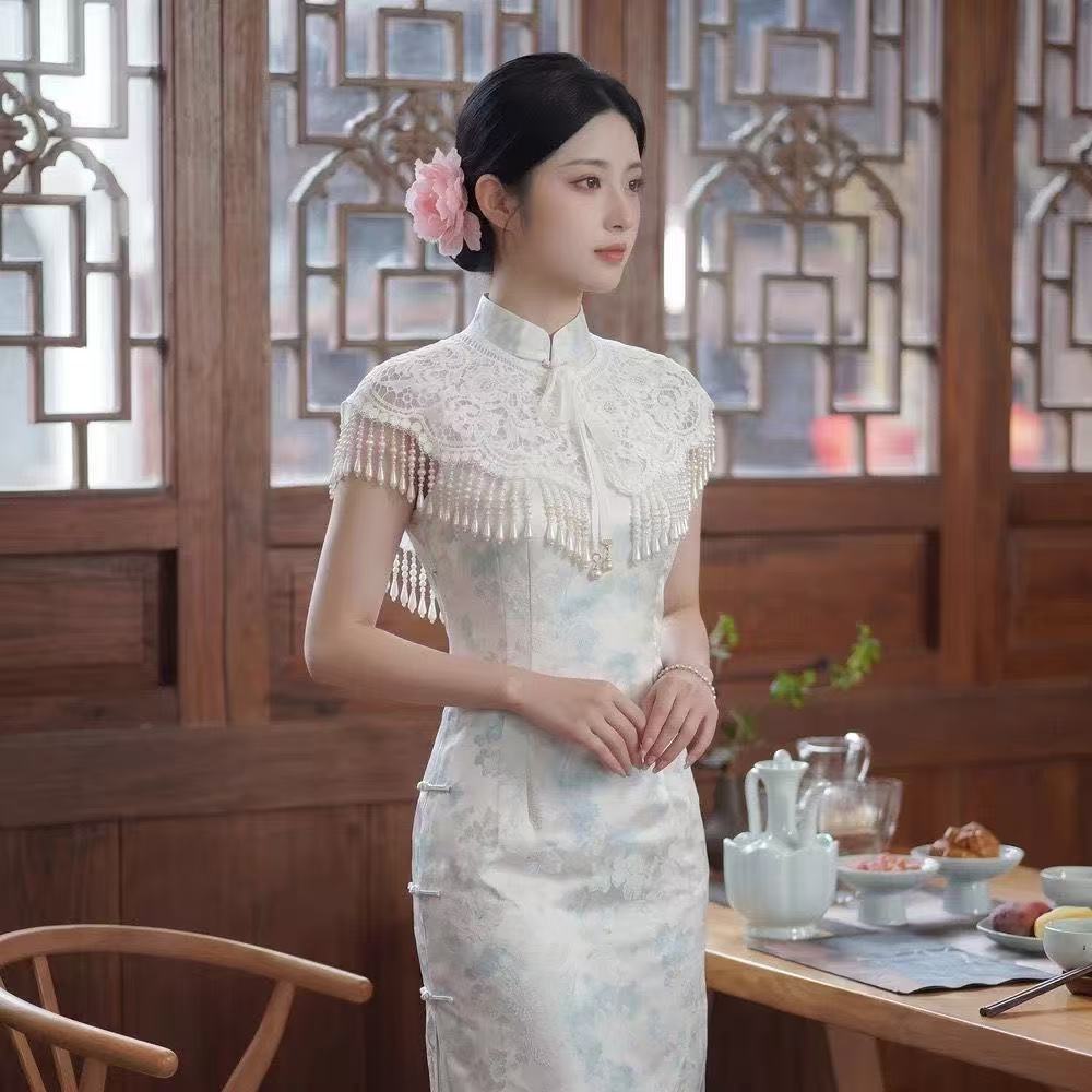 蕾丝百搭流苏披肩汉服优雅珍珠云肩复古旗袍重工改良古风中式配饰
