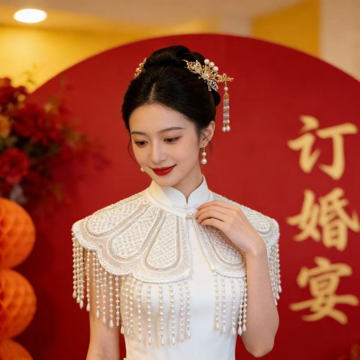 重工珍珠蕾丝云肩披肩女中式旗袍搭配复古气质配饰