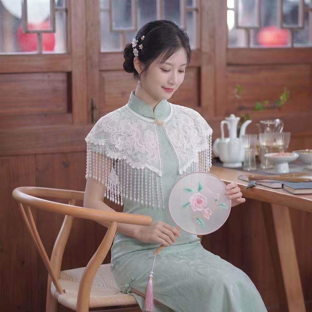 中式百搭重工中国旗袍流苏云肩蕾丝披肩汉服古风复古改良珍珠吊坠