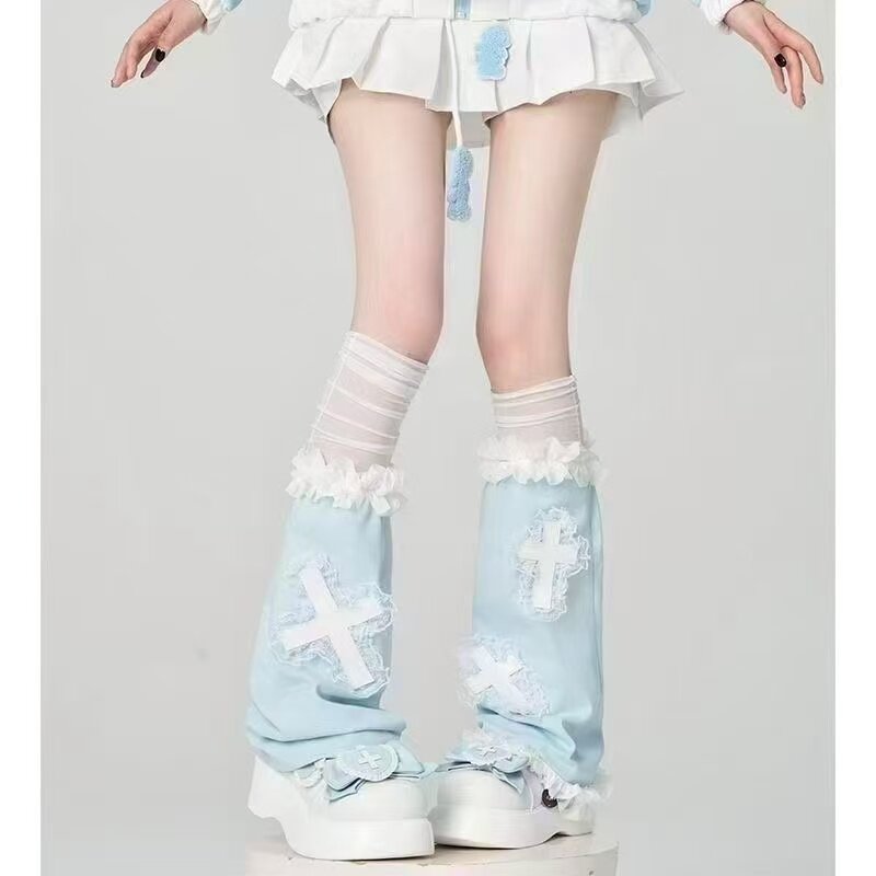 甜美日系十字架蕾丝花边长筒袜套女夏季天蓝色绑带y2k袜套