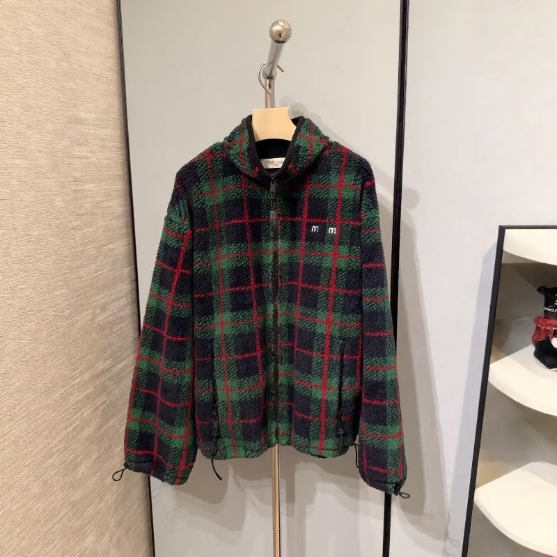 南油高定miu系25秋冬格纹长袖立领拉链百搭绒外套显瘦通勤潮牌女