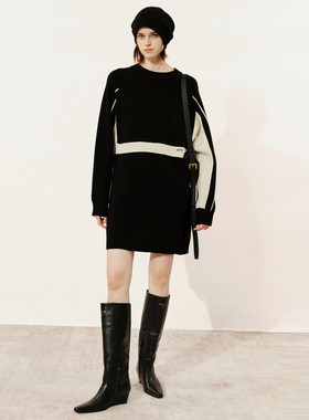 uti尤缇2024冬季新款黑色撞色拼接毛织连衣裙女毛衣裙UJ461132590