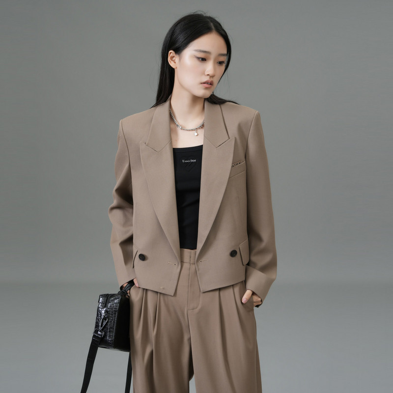 uti率性羊毛咖色短西装女