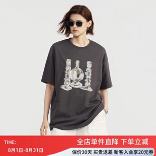 uti尤缇2026夏季新款 灰色印花短袖休闲T恤女宽松上衣UM2D0193984