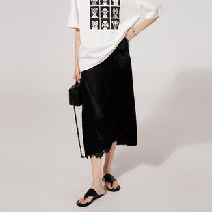 uti尤缇2025夏季 黑色蕾丝醋酸半身裙女开衩中裙UK230307190 新款