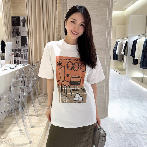 uti尤缇2025夏季新款 白色休闲短袖印花T恤女棉上衣UK210101551
