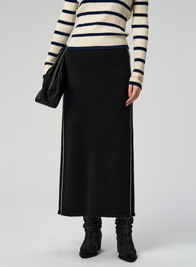 uti尤缇2024冬季新款黑色撞边针织开衩半身裙女直筒裙UJ441132290