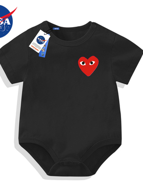 nasa新生婴儿爱心短袖包屁纯棉连体衣哈衣宝宝黑色夏装潮牌三角服