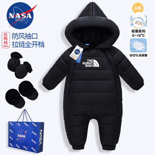 潮牌婴儿服冬季羽绒服黑色时尚保暖白鸭绒宝宝长袖连体衣外出a类