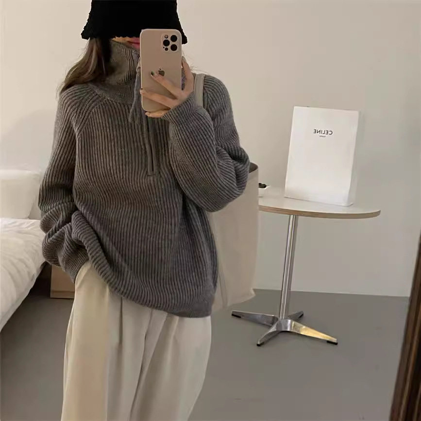 韩系半拉链毛衣女秋冬新款坑条设计感立领软糯宽松外穿针织衫上衣