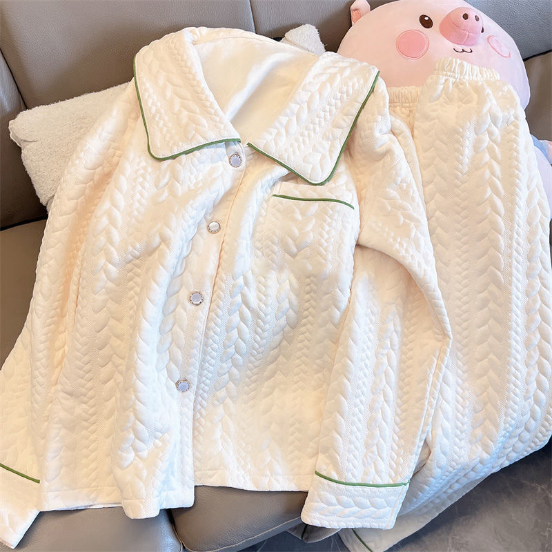 深秋睡衣女秋冬款加厚纯棉韩版简约休闲家居服空气夹层棉长袖套装