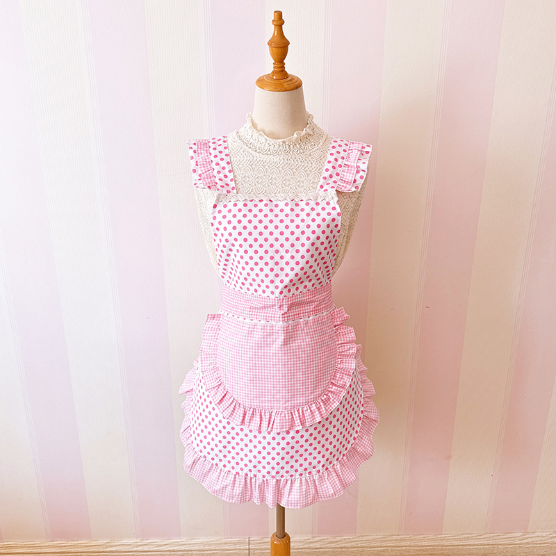 韩版时尚田园风甜美可爱日系萝莉罩衣围腰粉色波点网红小厨娘围裙