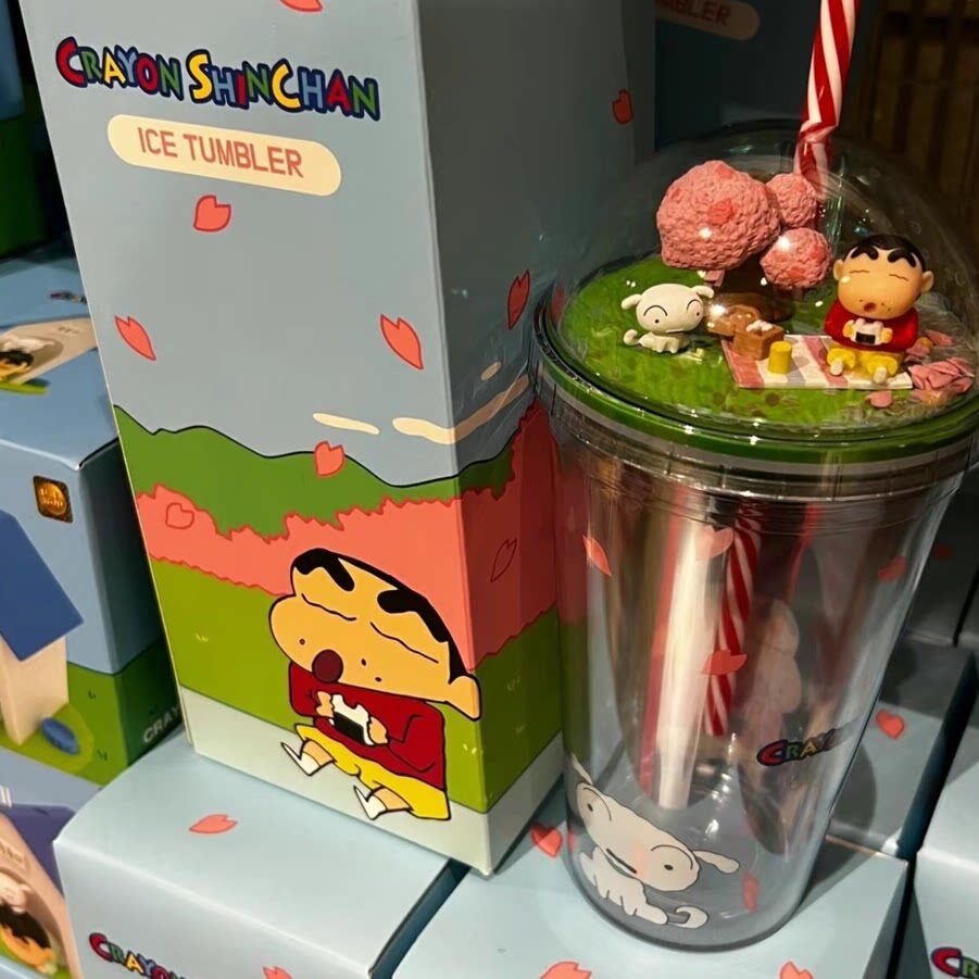 正版蜡笔小新小白浪漫樱花粉吸管杯卡通双层冷饮料杯透明水杯珍藏