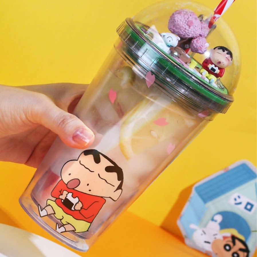 韩国正品蜡笔小新小白浪漫樱花粉吸管杯卡通双层冷饮料杯便携水杯