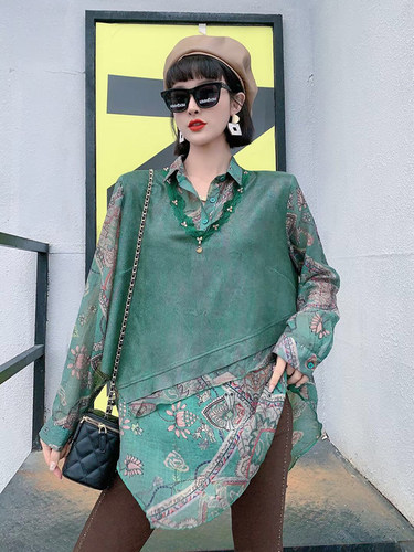 长袖衬衫假两件宽松套头