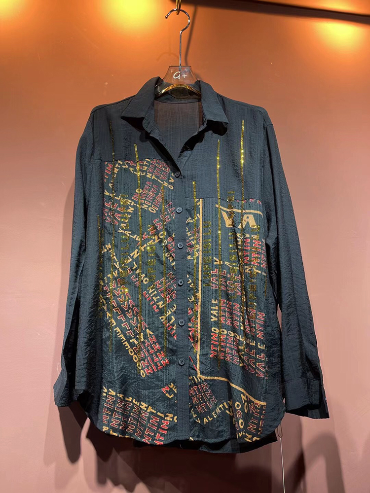 民族风字母拼色烫钻女士轻熟衬衣