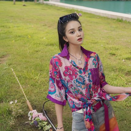 民族风夏季女上衣碎花单排扣夏休闲短袖衬衫时髦宽松小衫时尚洋气