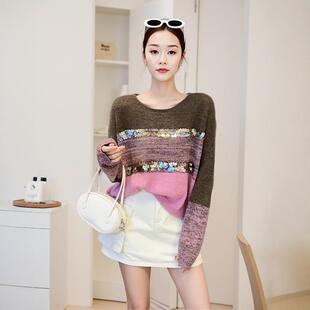 落肩袖撞色条纹重工亮片洋毛衫女士新款慵懒风显瘦毛针织上衣百搭