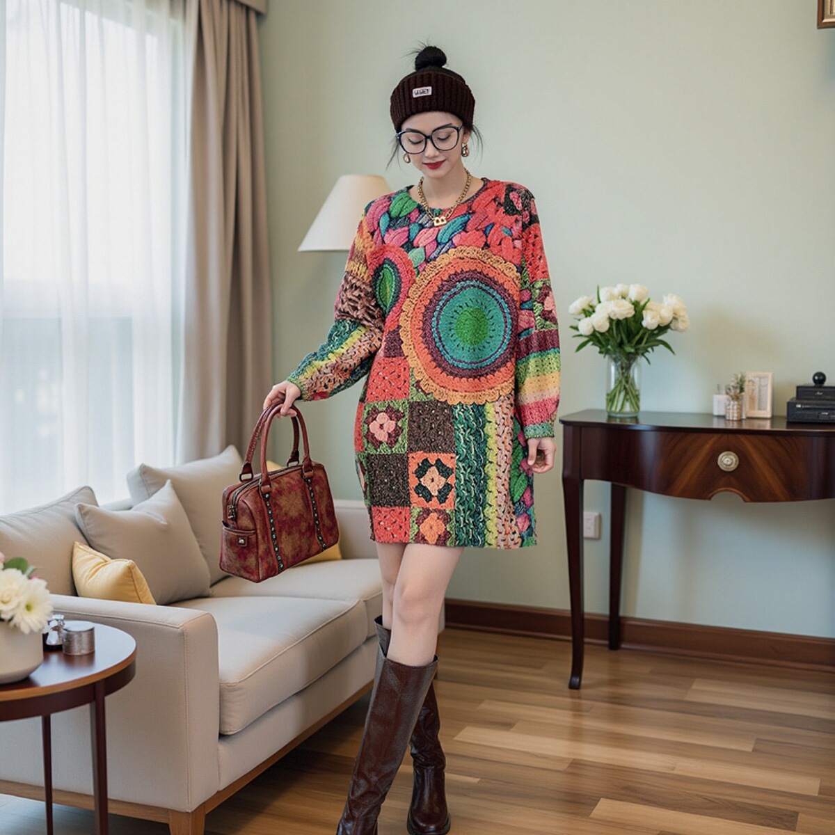 复古印花毛衣女秋宽松圆领长袖针织衫洋气百搭显瘦中长款印花上衣