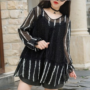 百搭时尚 宽松显瘦V领长袖 假两件雪纺上衣遮肚 拼接打底衫 2025秋季