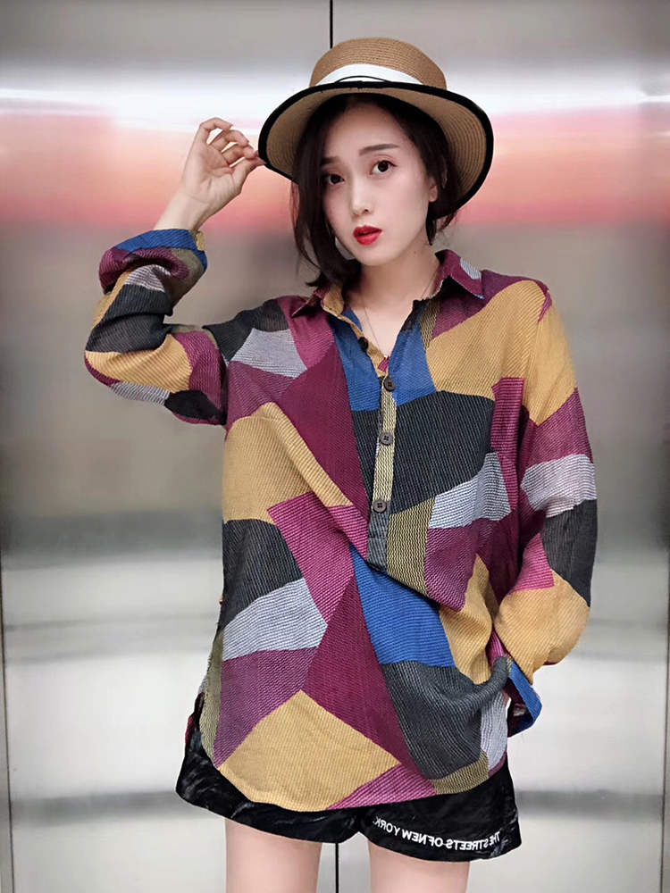 均码印花薄棉衬衣女百搭长袖褶皱宽松松显瘦2025春秋上衣套头时尚