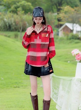 套头印花格子连帽衬衣长袖2025春秋轻熟女妈妈装遮肚上衣百搭圆领