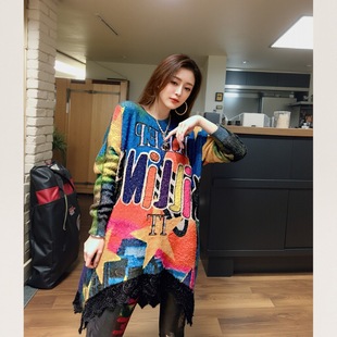 宽松女长袖 慵懒风水貂绒印花毛衣秋冬时尚 上衣连衣裙保暖百搭显瘦