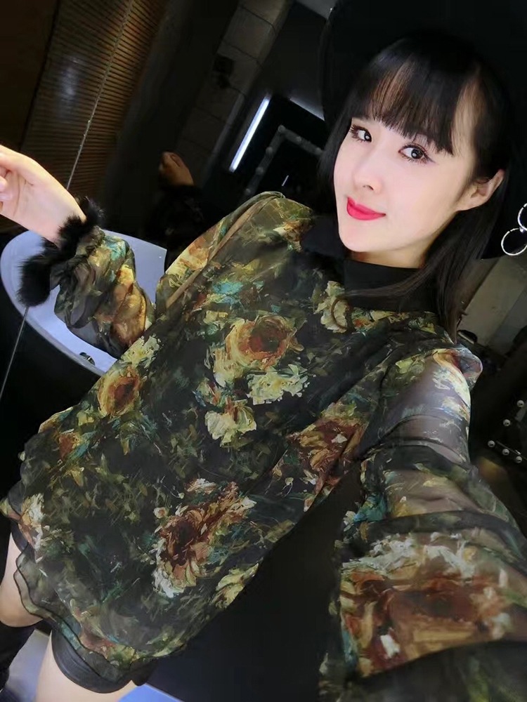 娃娃领宽松收腰上衣长袖