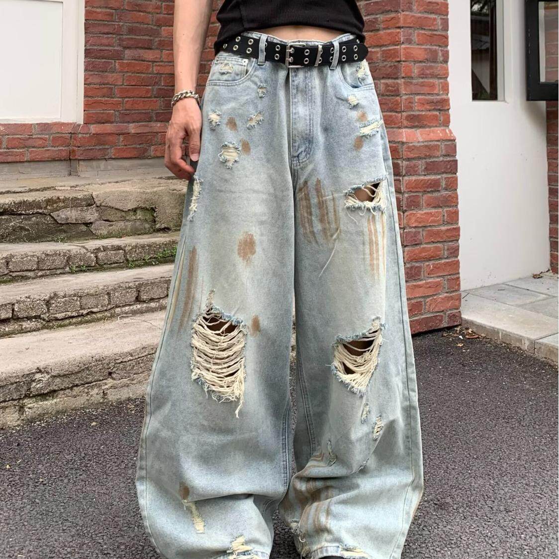 浅蓝色破洞老爹牛仔裤女薄2026年夏季新款高腰休闲宽松哈伦裤垮裤