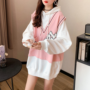 薄款 300斤春秋季 假两件卫衣女潮ins宽松休闲外套 胖MM2 加肥特大码