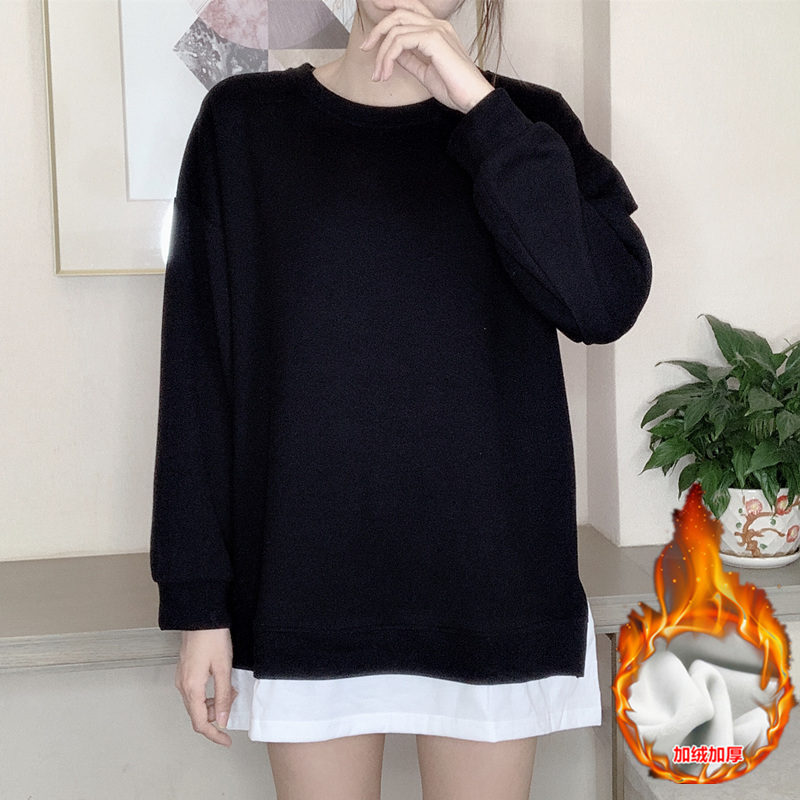 秋冬季加绒假两件纯棉外套卫衣