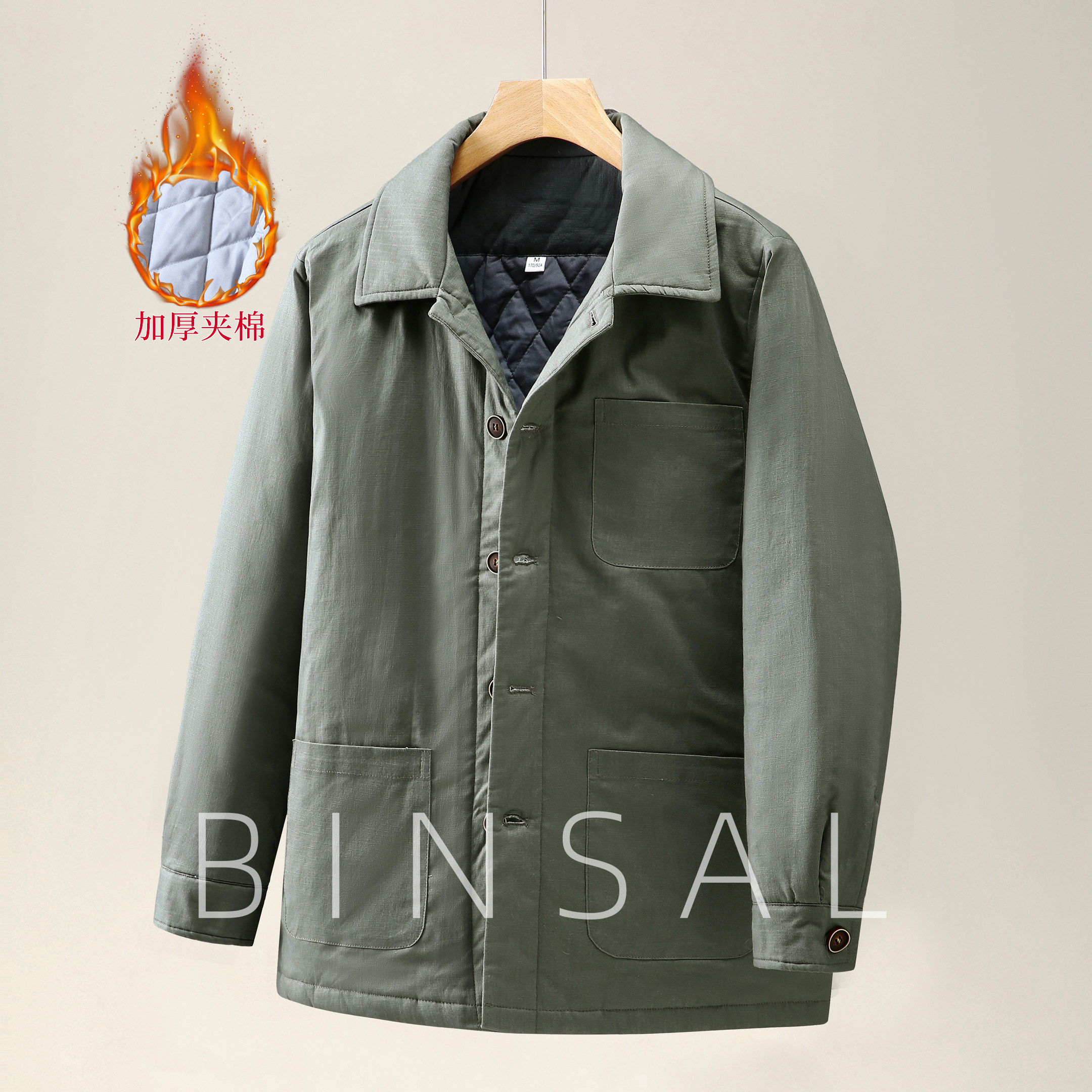 秋冬季棉麻料暖若羽绒棉服休闲老钱风加棉加厚保暖棉衣袄子外套男