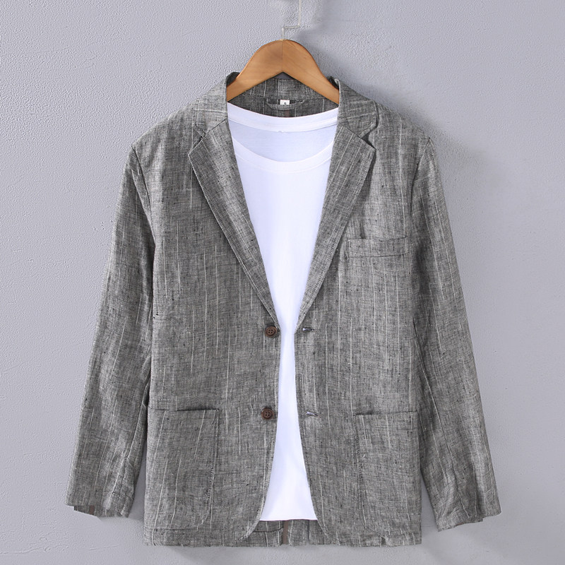 高端商务休闲纯亚麻西服外套男士100%全麻面料条纹单西便服西装潮