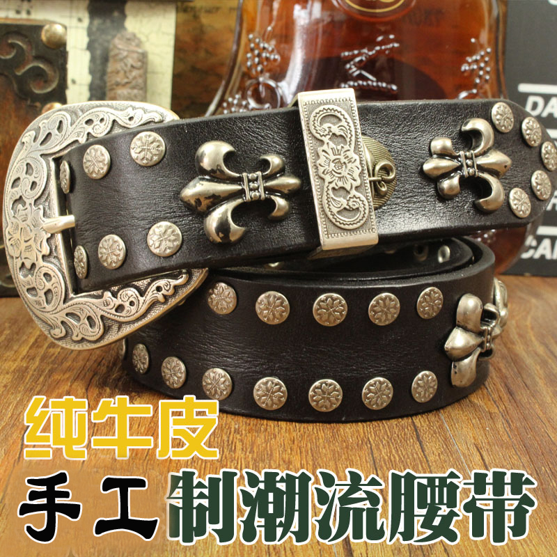 朋克风真皮腰带朋克个性铆钉复古车链皮带男女士头层牛皮潮男皮带