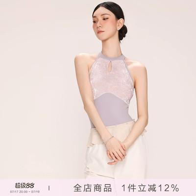 danzbaby芭蕾舞服成人形体服女练功服无袖丝绒拼接挂脖体服B387