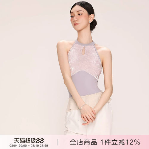 danzbaby芭蕾舞服成人形体服女练功服无袖丝绒拼接挂脖体服B387