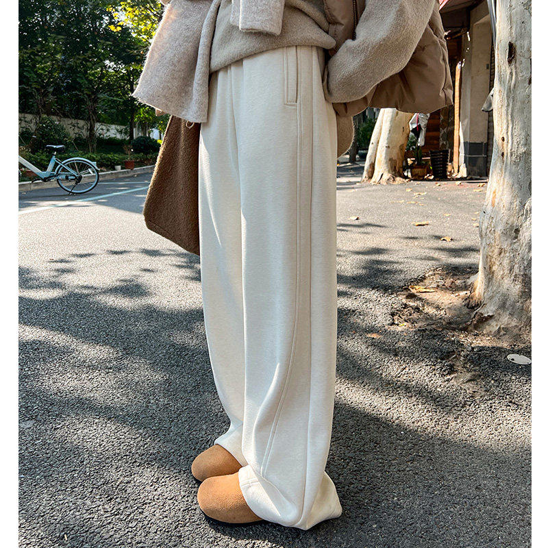 桑蚕丝羊毛呢阔腿裤女春秋冬2025新款高腰垂感加绒直筒糯米长裤子