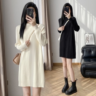 秋冬配大衣针织连衣裙小个子半高领毛衣连衣裙宽松遮肉显瘦打底裙