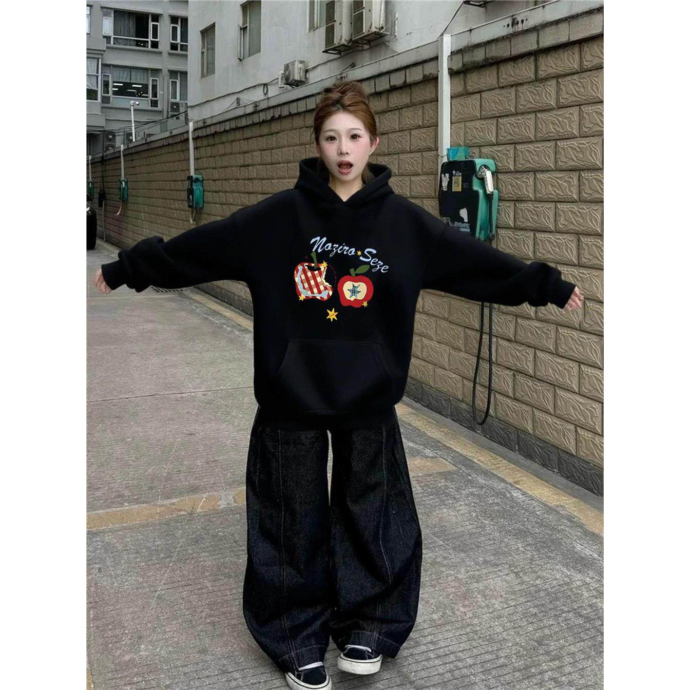 美式重磅加绒加厚连帽卫衣女秋冬2025新款学生宽松慵懒风外套上衣