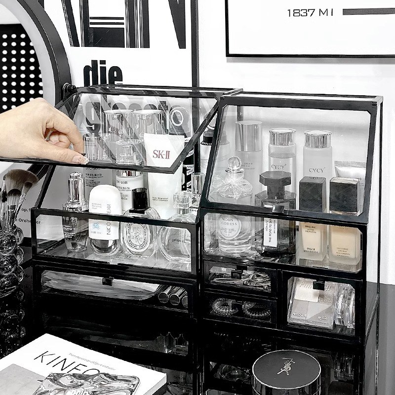 化妆品收纳盒桌面防尘透明高级感梳妆台护肤品口红化妆刷置物架