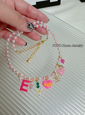 粉嫩少女心珍珠爱心项链锁骨链