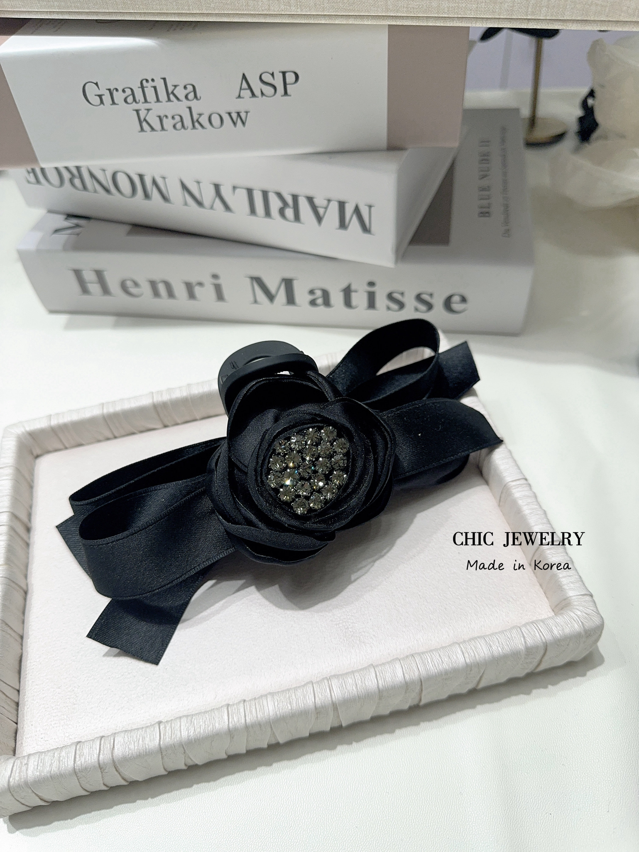 CHIC JEWELRY韩国发饰满钻花朵缎带蝴蝶结双面水钻抓夹鲨鱼夹发夹