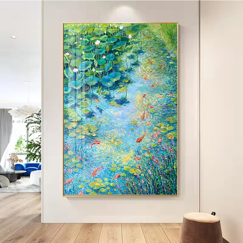 鱼戏荷莲钻石画2024新款客厅玄关莫奈风景装饰画十字绣水钻砖石画